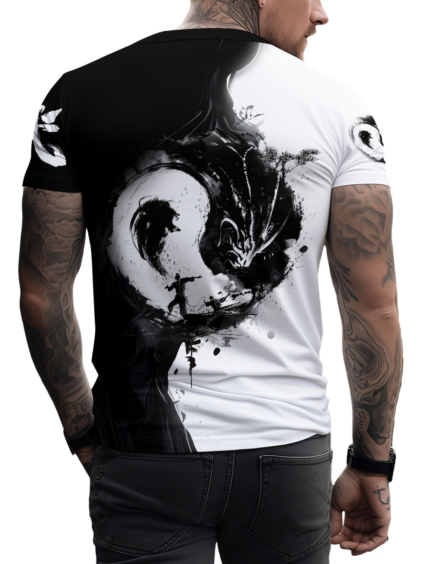 Men'S Yin Yang 3D Print T-Shirt - Casual Crew Neck Polyester Tee, Slight Stretch Knit Fabric, Regular Fit, 100% Polyester Fiber, 100g/m²