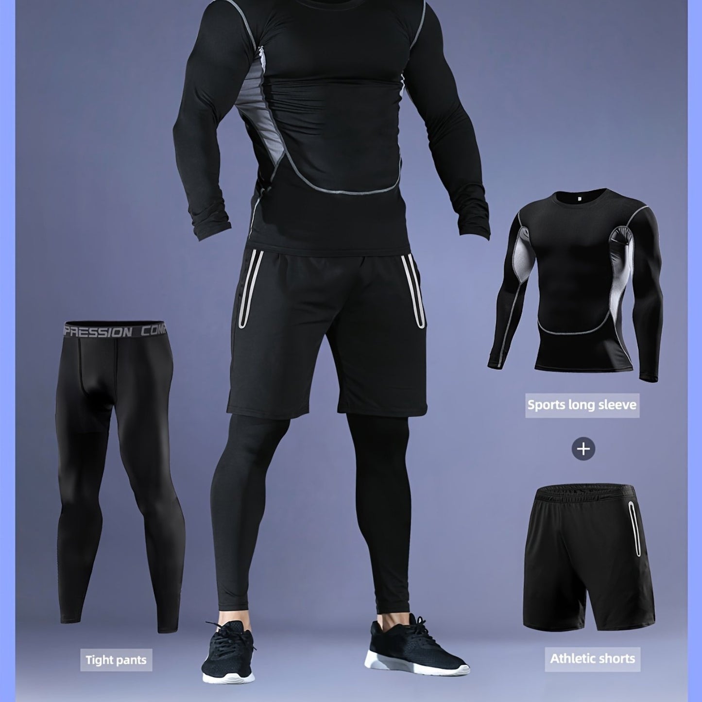 Men'S 3pcs Athletic Set, Breathable Mesh Long Sleeve Top, Skinny Fit Polyester & Spandex, Crew Neck, Solid Color, High Stretch, for Running, Basketball, Hiking, Training - Fall/Winter Sports Outfit