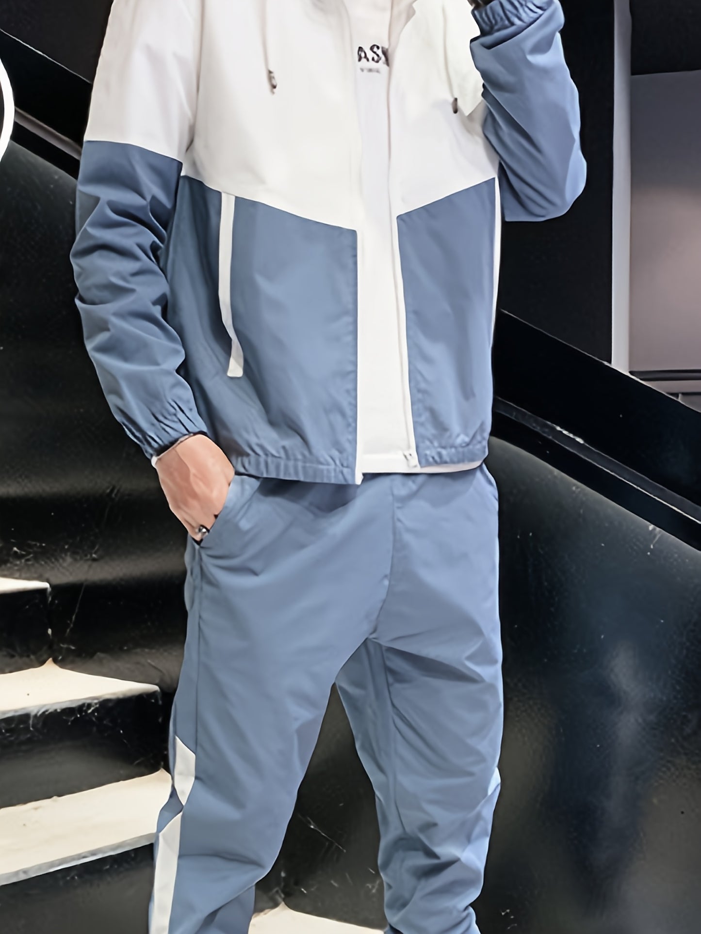 Men's Spring Autumn Outdoor Sports Training Casual Color Block Stitched Hoodie Adjustable Set Home Top and Pants Fashionable Windproof Jacket Pants Two-Piece Suit