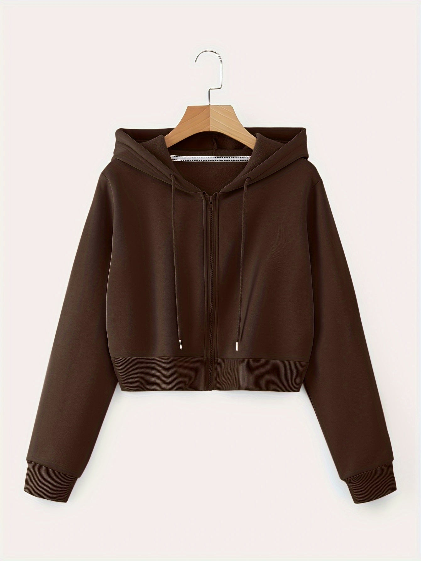 Zip Up Cropped Drawstring Hoodie, Casual Long Sleeve Sweatshirt For Spring & Fall, Women's Clothing
