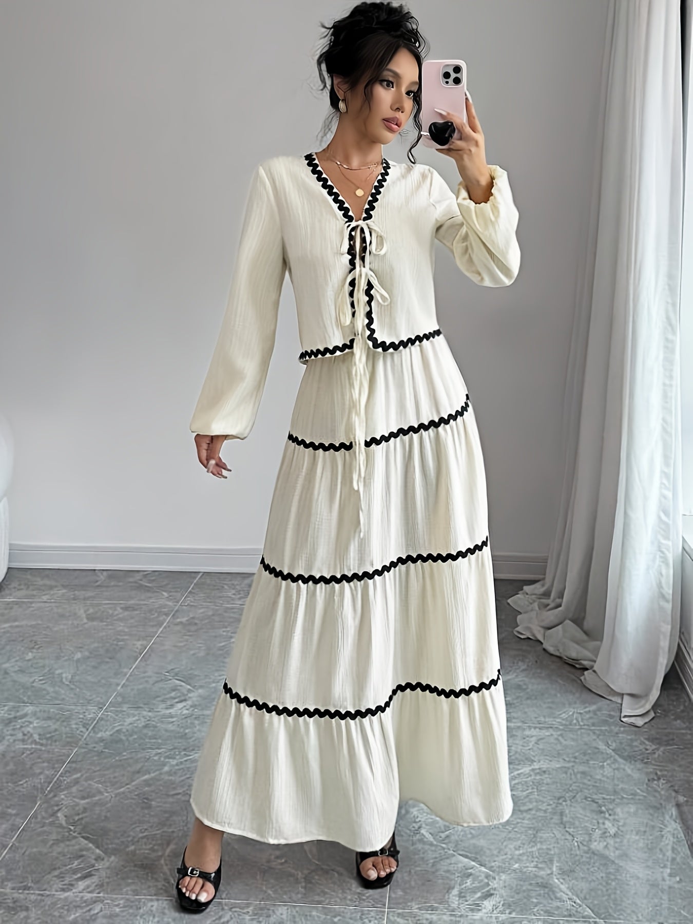Women'S New Arrival Black and White Ruffled Lace Trim Long Sleeve Shirt with Tie Waist Umbrella Skirt Set, Stylish Elegant Vacation Commute Daily Wear Date Party Two-Piece Outfit Suitable for All Seasons