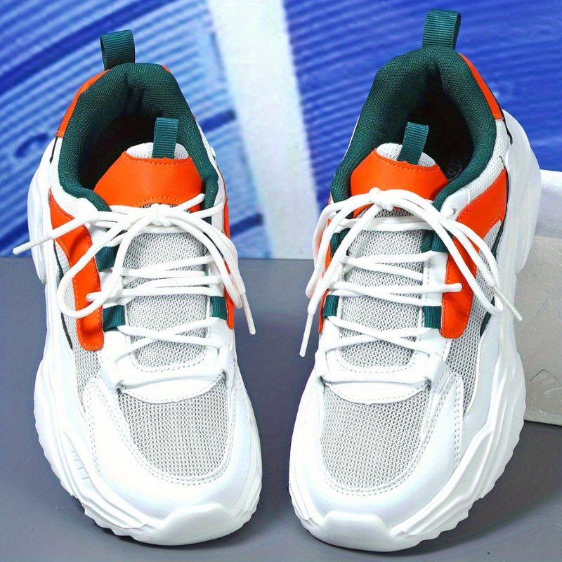Women's Breathable Mesh Sneakers - Lightweight Lace-Up Sneakers with Contrasting Color Design, White Base with Green & Orange Accents, Perfect for Tennis, Outdoor Activities, and Casual Attire, Casual Sneakers | Casual Sneake