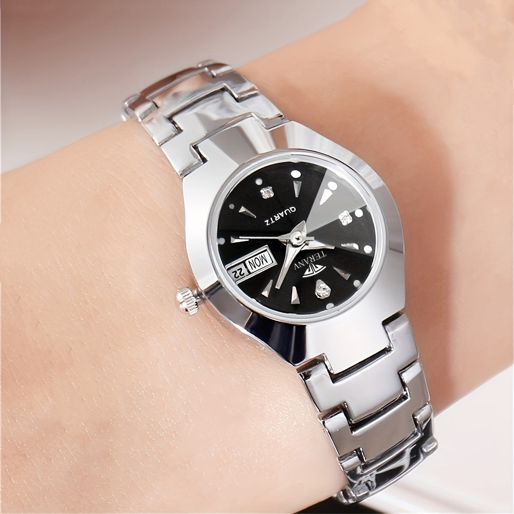 2pcs Couple Watches for Men & Women - Stainless Steel Strap, Rhinestone Accents, Luminous HD Display with Week Calendar, Quartz Movement, Elegant Gift for Valentine's Day, Mother's Day, Father's Day, Special Occasion Watch |