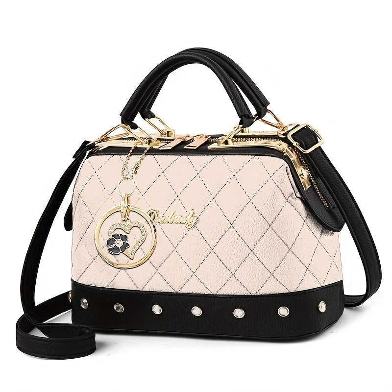 Black Quilted Boston Bag with Golden-Tone Hardware & Adjustable Strap - Elegant Heart Rhinestone Charm, Pattern, and Stylish Stud Details for Wo