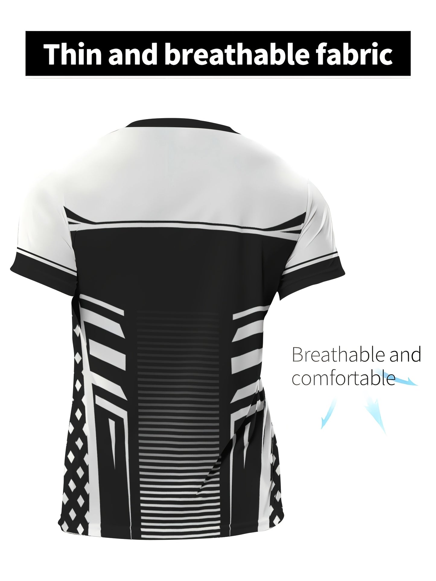 Geometric print high stretch skinny fit short sleeve crew neck T-shirt, quick-drying sports top for summer fitness, training and gym wear