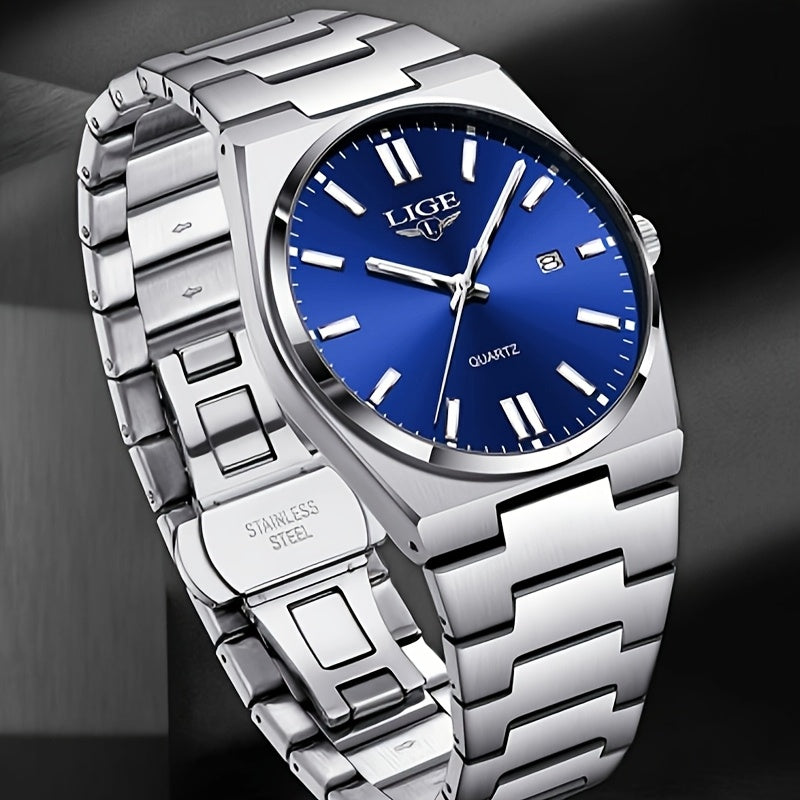 LIGE Stainless Steel Sports Watch for Men and Women - Dual Display Digital & Quartz Movement, Blue Dial, Rotating Bezel, Date Display, Metal Bracelet, Gift Box Included, Watch Accessories, LIGE