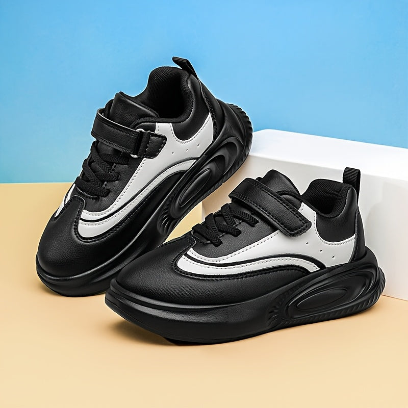 Youngsters' Stylish Athletic Footwear - Comfortable Non-Slip Soft Sole Walking Shoes for Boys & Girls, All-Season, Black & White with Hook and Loop Closure