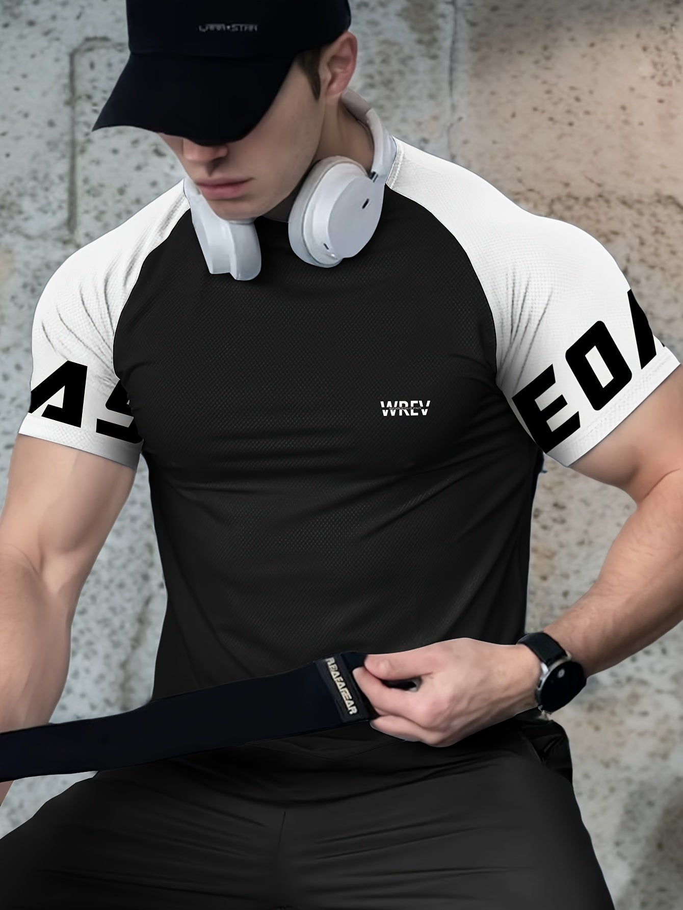 Men's Quick-Dry Breathable Mesh Sports T-Shirt - Summer Gym Workout Top with Contrast Black & White Sleeves & for Man Letter Print, Slim Fit for Running Training Casual Wear, Breathable Running Gear | Sporty Casual Tee | Mesh