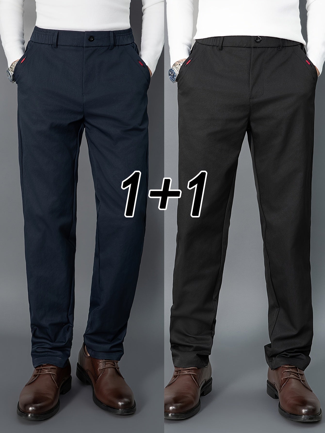 2pcs Men's Light Business Casual Pants - Straight Leg Dress Trousers, Lightweight & Comfortable for Office and Casual Attire, All Seasons, Navy Blue & Black, Polyester Fabric, Machine Washable, Versatile Dress Trousers | Styl