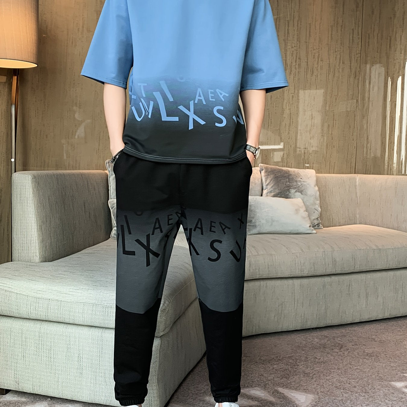 Men's Summer Casual Cotton Blend Outfit Set - Gradient Color Short Sleeve T-Shirt & Stylish Drawstring Shorts, Machine Washable