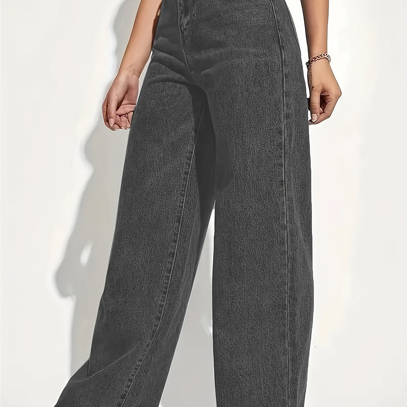 1pc Women'S High Stretch Cotton Wide Leg Jeans, Casual Washed Solid Color Denim, Woven Fabric, Versatile for Spring/Summer/Fall - DXK1005BF861K