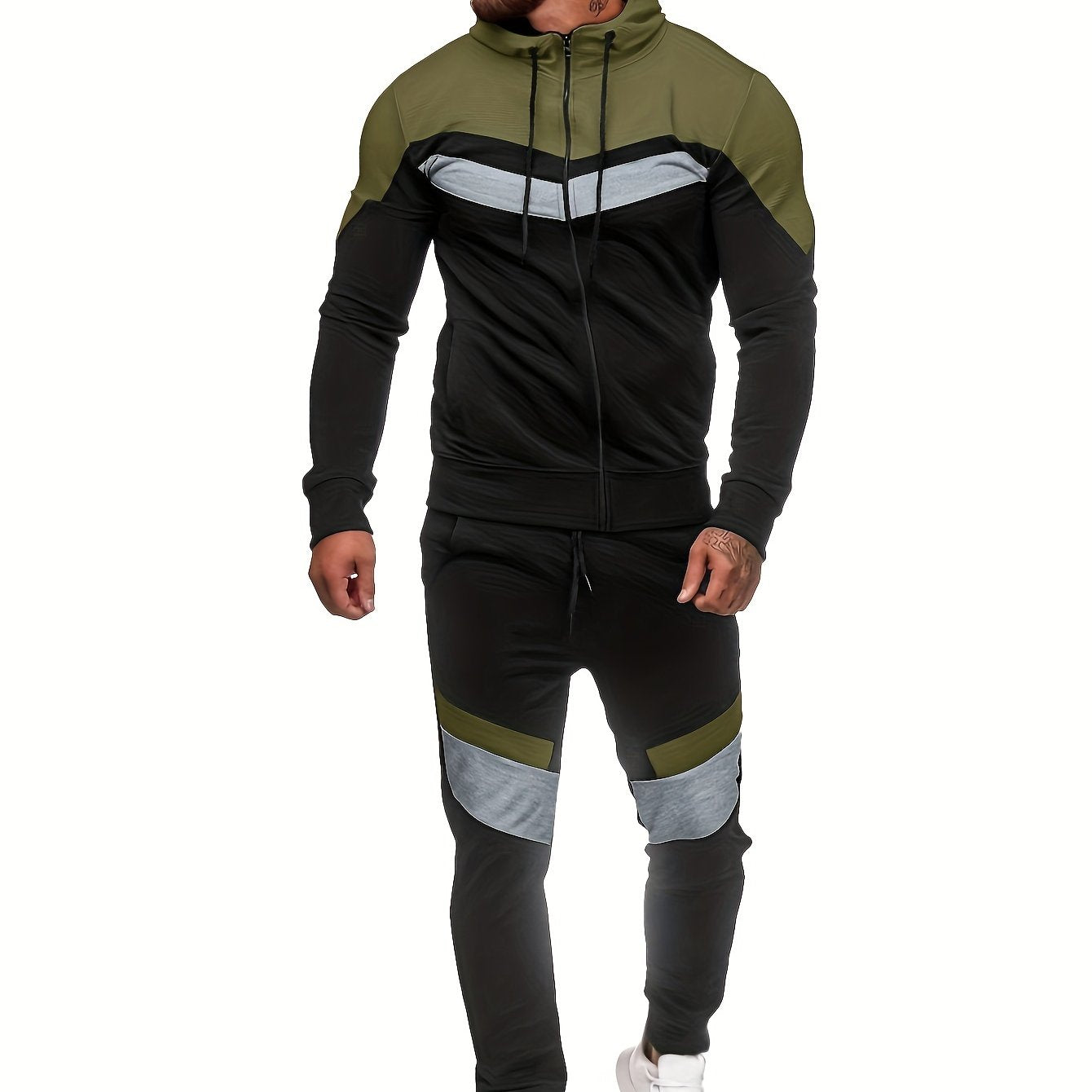 Men'S Autumn and Winter Fleece Sweatshirt Set with Hooded Drawstring Patchwork Sweatpants Casual Sporty Style Long Sleeve Jacket