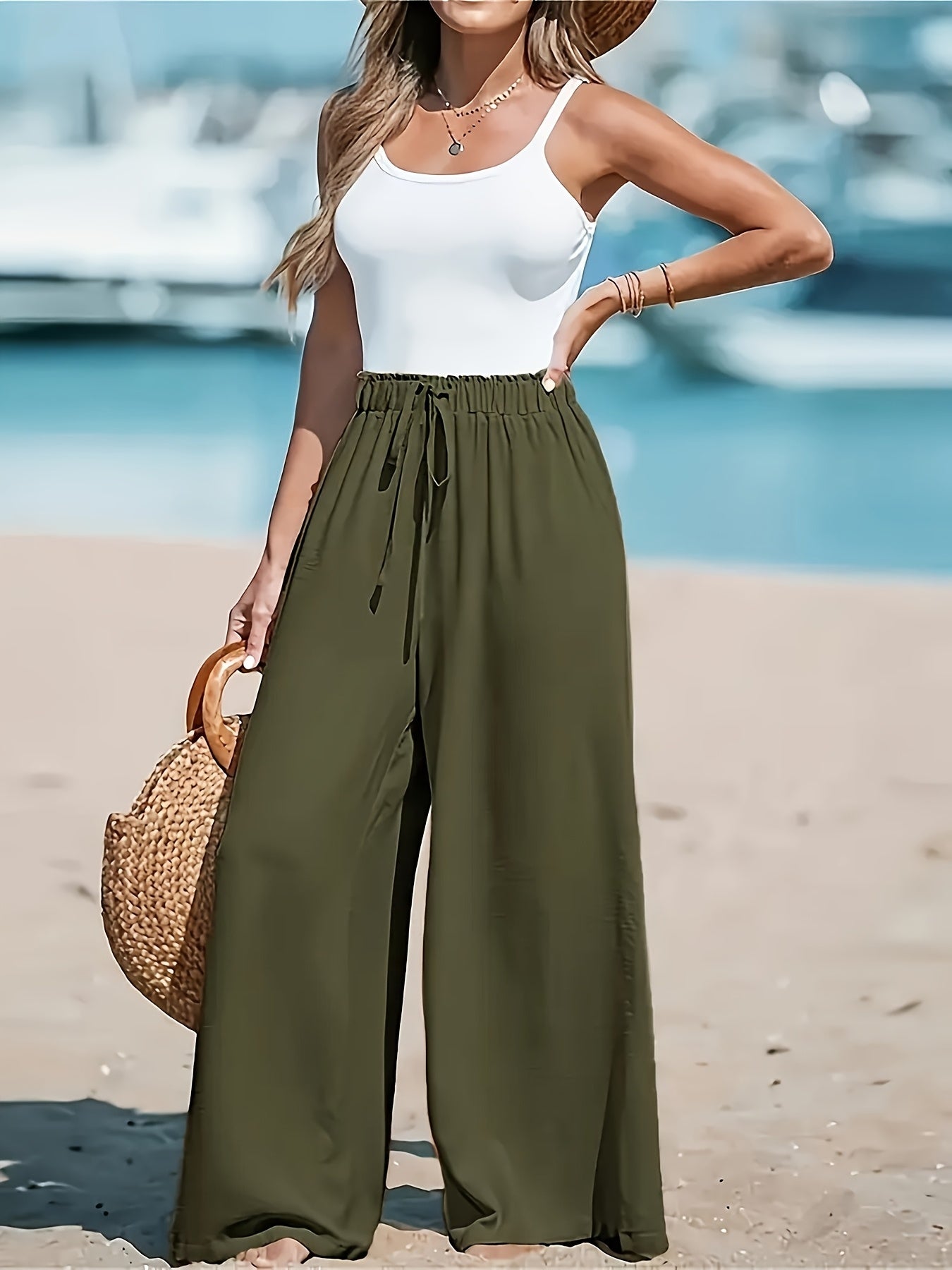 100% Polyester, Smooth Texture, Faux Drawstring Waist, Machine Washable, All-Season Comfort, Chic and Versatile Style