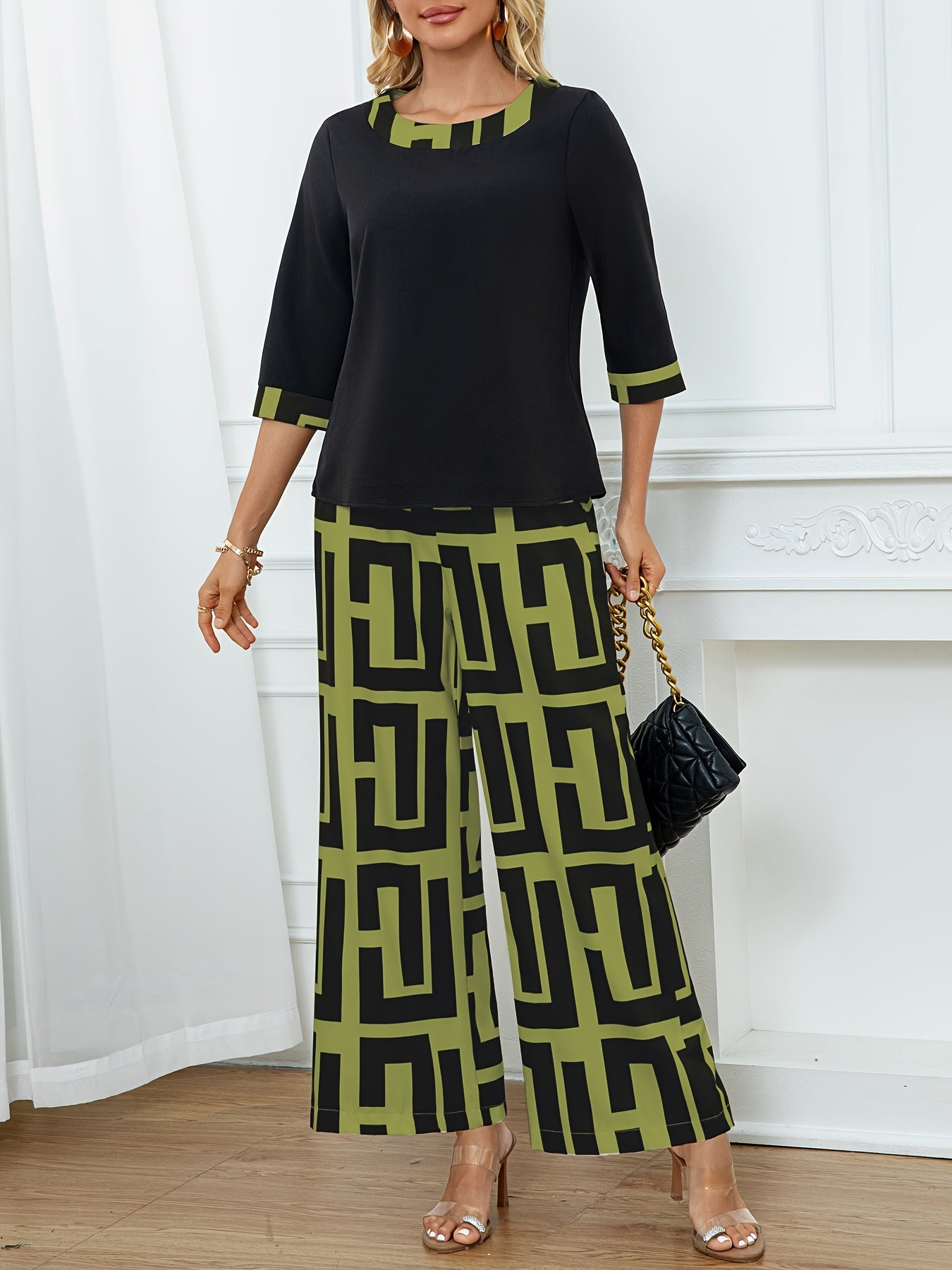 Women's Elegant Spliced Round Neck Top + Geometric Print Wide-Leg Pants Two-Piece Set