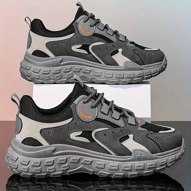 Men's Trendy Chunky Sneakers - Breathable Mesh & PU Upper, Durable PVC Sole, Lace-Up Casual Sneakers in Gray, Black & Orange, All-Season Comfort for Casual Attire