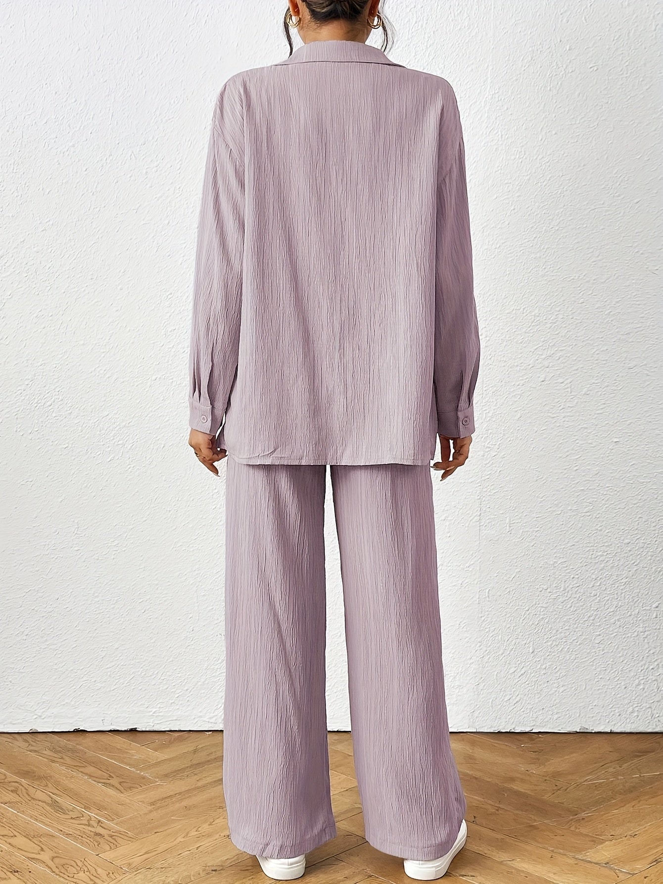 2pcs Women Spring & Autumn Casual Solid Color Long Sleeve Shirt And Pants Set
