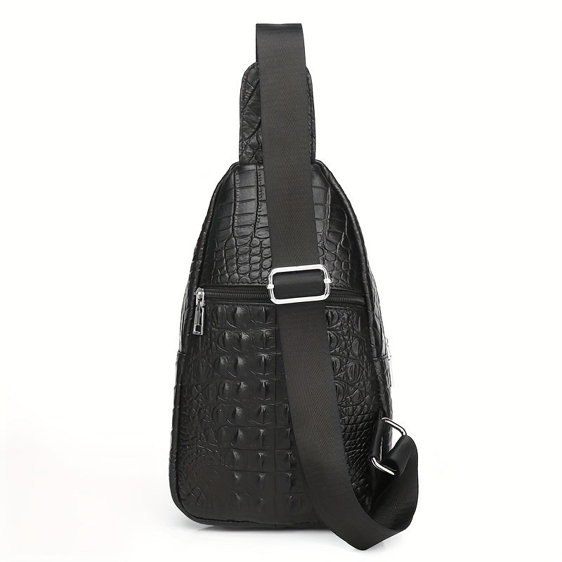 SCHLATUM Genuine Leather Crocodile Pattern Sling Bag - Black, Large-Capacity Multifunctional Crossbody Backpack for Travel, Sports & Camping, Stylish Zipper Closure Design