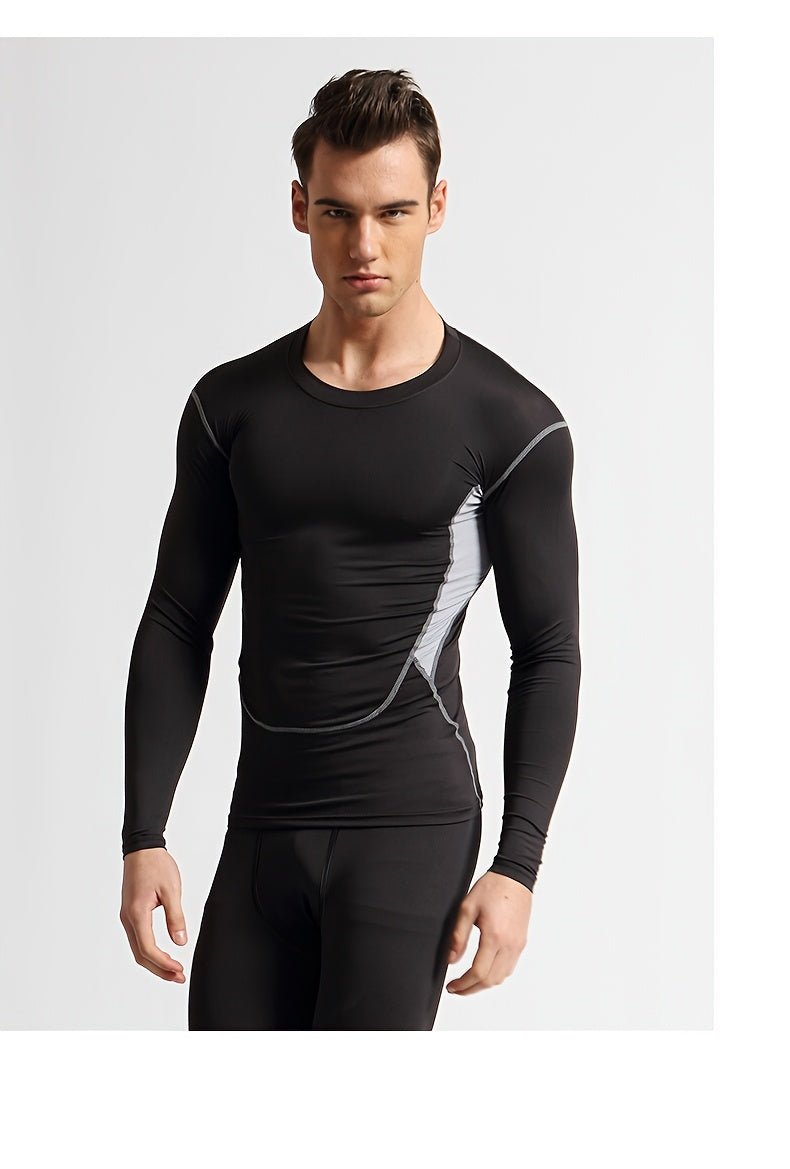 Men'S 3pcs Athletic Set, Breathable Mesh Long Sleeve Top, Skinny Fit Polyester & Spandex, Crew Neck, Solid Color, High Stretch, for Running, Basketball, Hiking, Training - Fall/Winter Sports Outfit