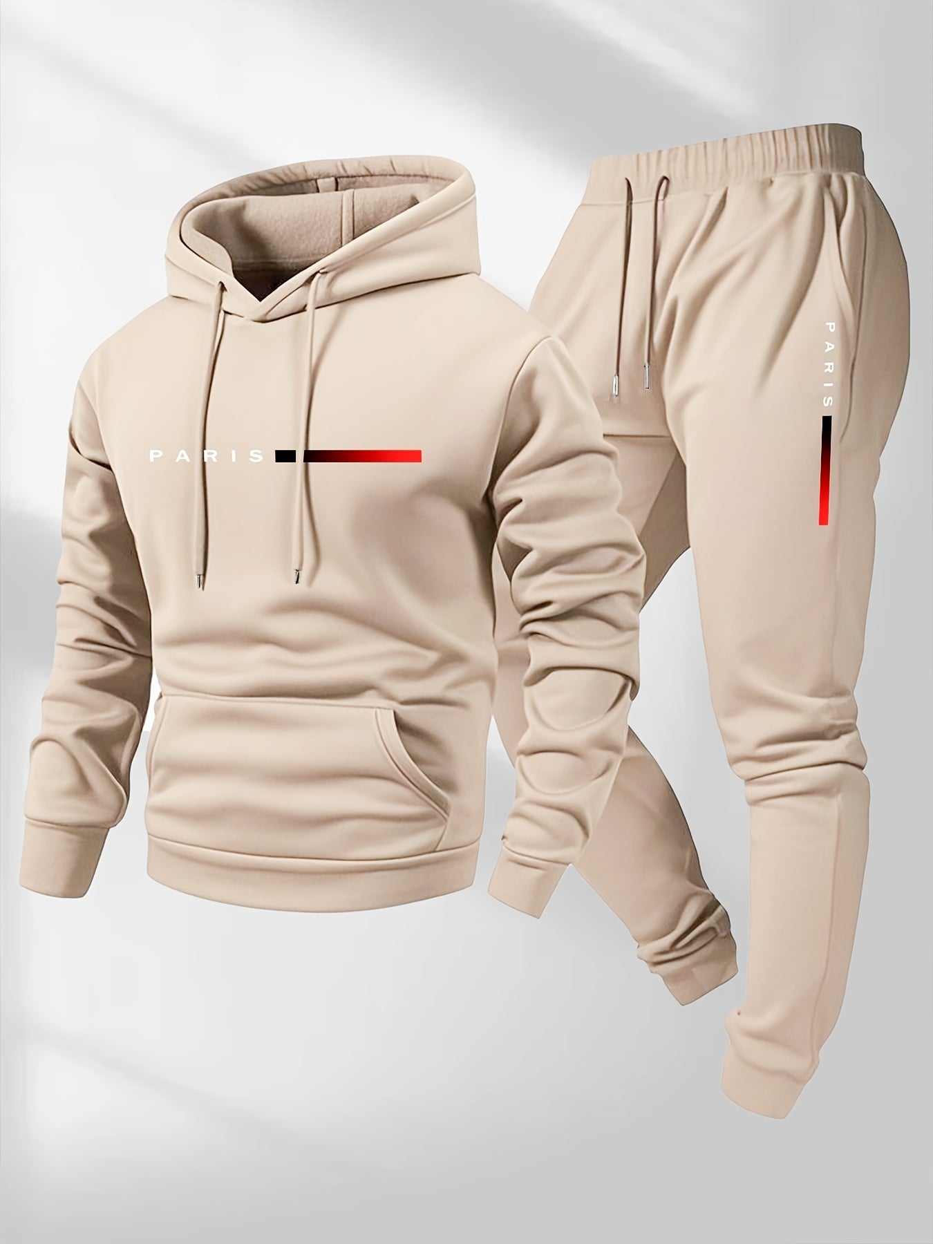 Men's Hoodie and Drawstring Sweatpants Set with PARIS Letter Print