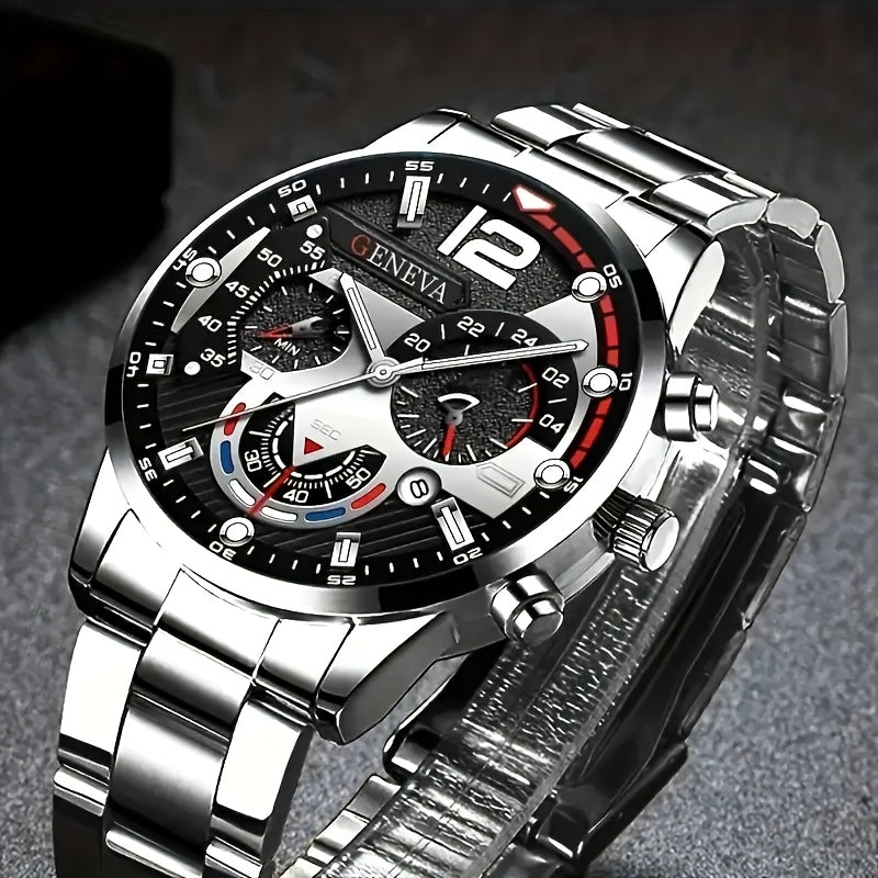 Luxury 8pcs Men'S Gift Set: Stainless Steel Quartz Watch with Calendar, Golden Arrow Necklace, Bracelet & Ring - Elegant Business Casual Accessories for Valentine's, New Year, Easter, Ramadan, Birthdays, Christmas, Halloween
