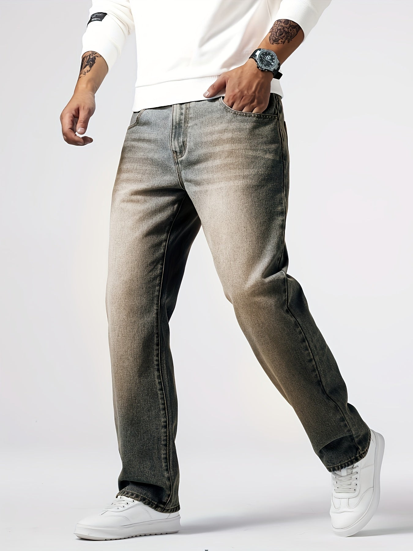 Men'S Loose Fit Straight Leg Jeans, Cotton 85% Polyester 15% Denim, Washed Solid Color Casual Style