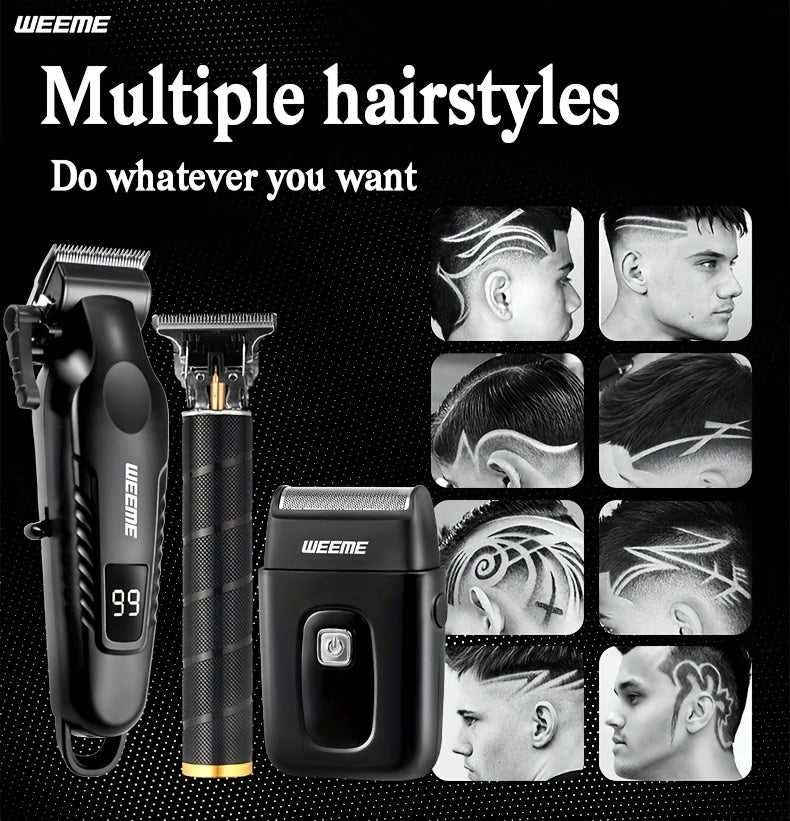 WEEME Men'S Grooming Three-Piece Set Multifunctional Electric Clipper Trimmer with Alloy Stainless Steel Blade Three-Speed Adjustment USB Fast Charging LCD Power Display Ultra-Long Battery Life Essential for Home Travel Car B