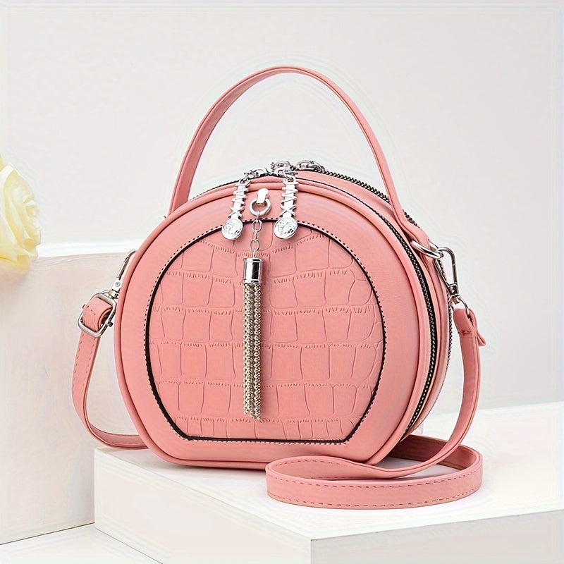 Round Crocodile Pattern Handbag, Fashion Mini Crossbody Bag, Women's Zipper Shoulder Purse
