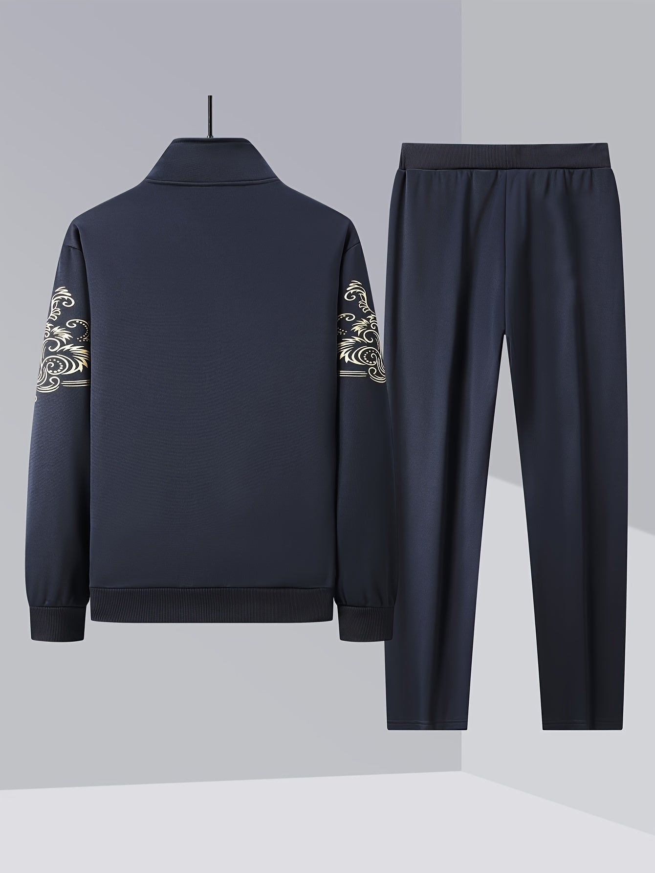 Men's Casual 2-Piece Outfit, Stylish Printed Full Zip Jacket & Drawstring Pants, Casual Sportswear Suit