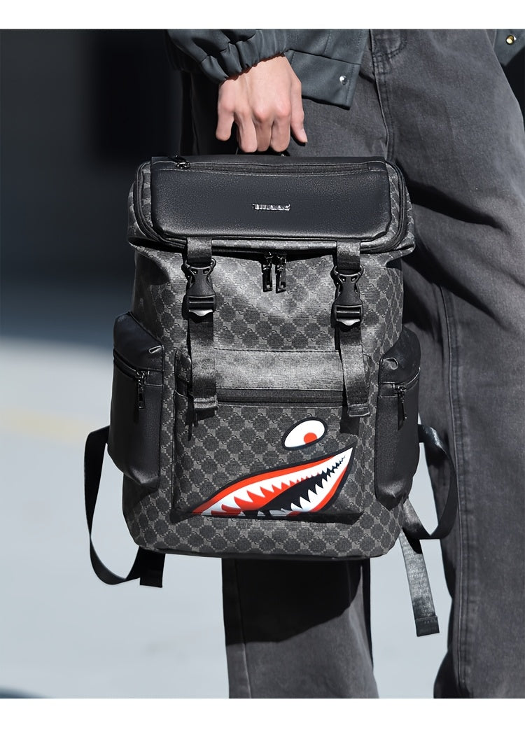 Men'S Stylish Black Backpack with Shark Graphic - Lightweight, Large Capacity, Multi-Functional Shoulder Bag for Travel, Commuting, School - Durable PVC Material, Sports & Fitness Design, Backpack for Travel
