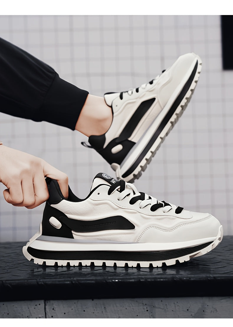 Men's Breathable Casual Sneakers - Trendy Low-Top Lace-Up Sneakers with Soft Rubber Sole, White & Black Design for Spring/Summer, Perfect for Running and Casual Attire, Versatile Running Footwear | Sporty Aesthetic Shoes | Co