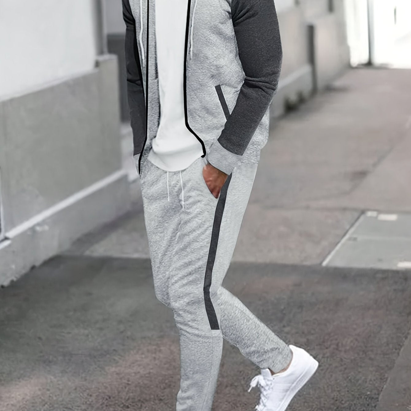 Classic Men's Athletic 2Pcs Color Block Tracksuit Set Casual Full-Zip Sweatsuits Long Sleeve Hoodie And Jogging Pants Set For Gym Workout Running