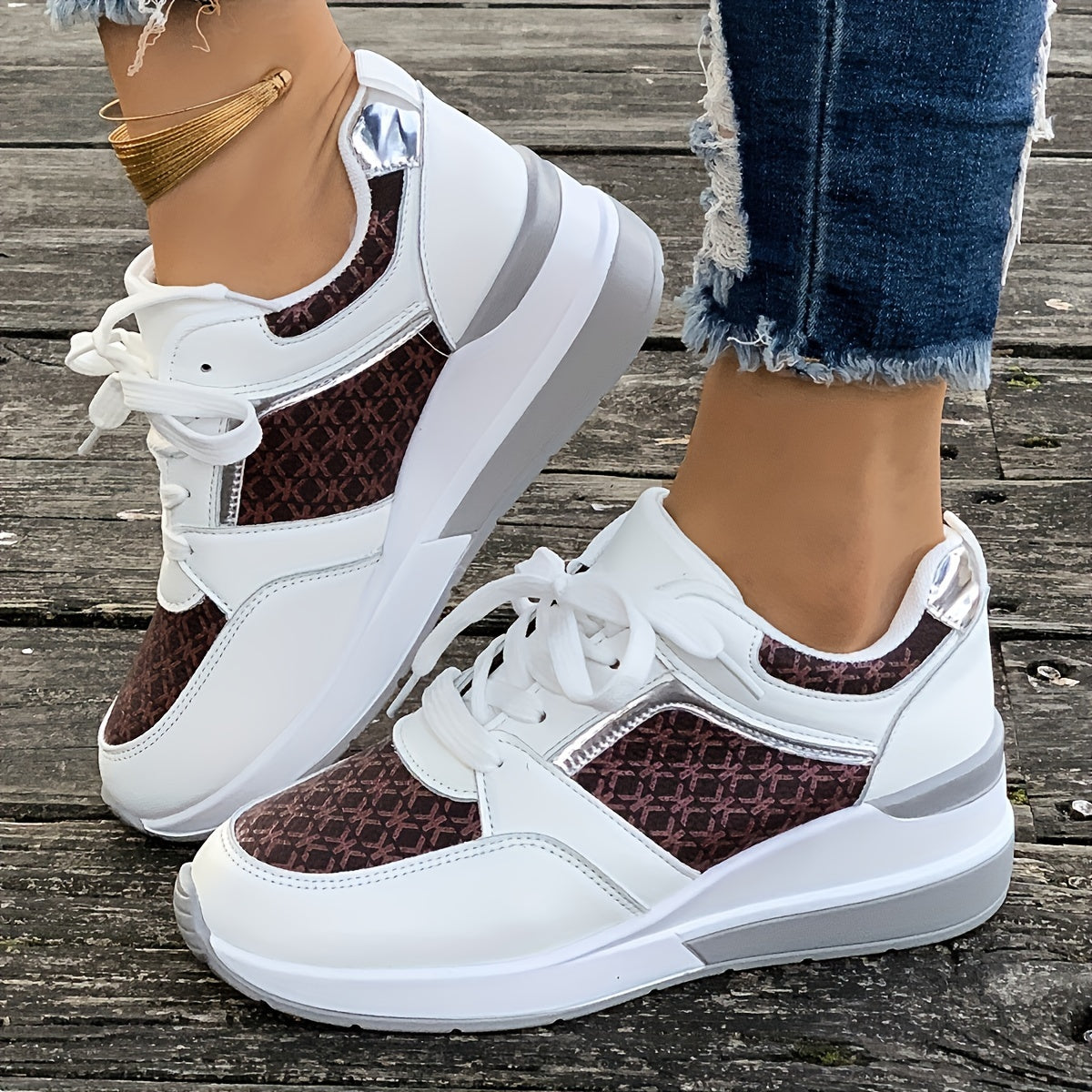 Women'S Plus Size Casual Sneakers - White Synthetic Cover Low-Top Lace-Up Shoes with Golden-Tone Accents, EVA Sole & Breathable Fabric Lining for Summer Comfort, Ladies Sneakers, Comfortable Footwear, Durable Footwear
