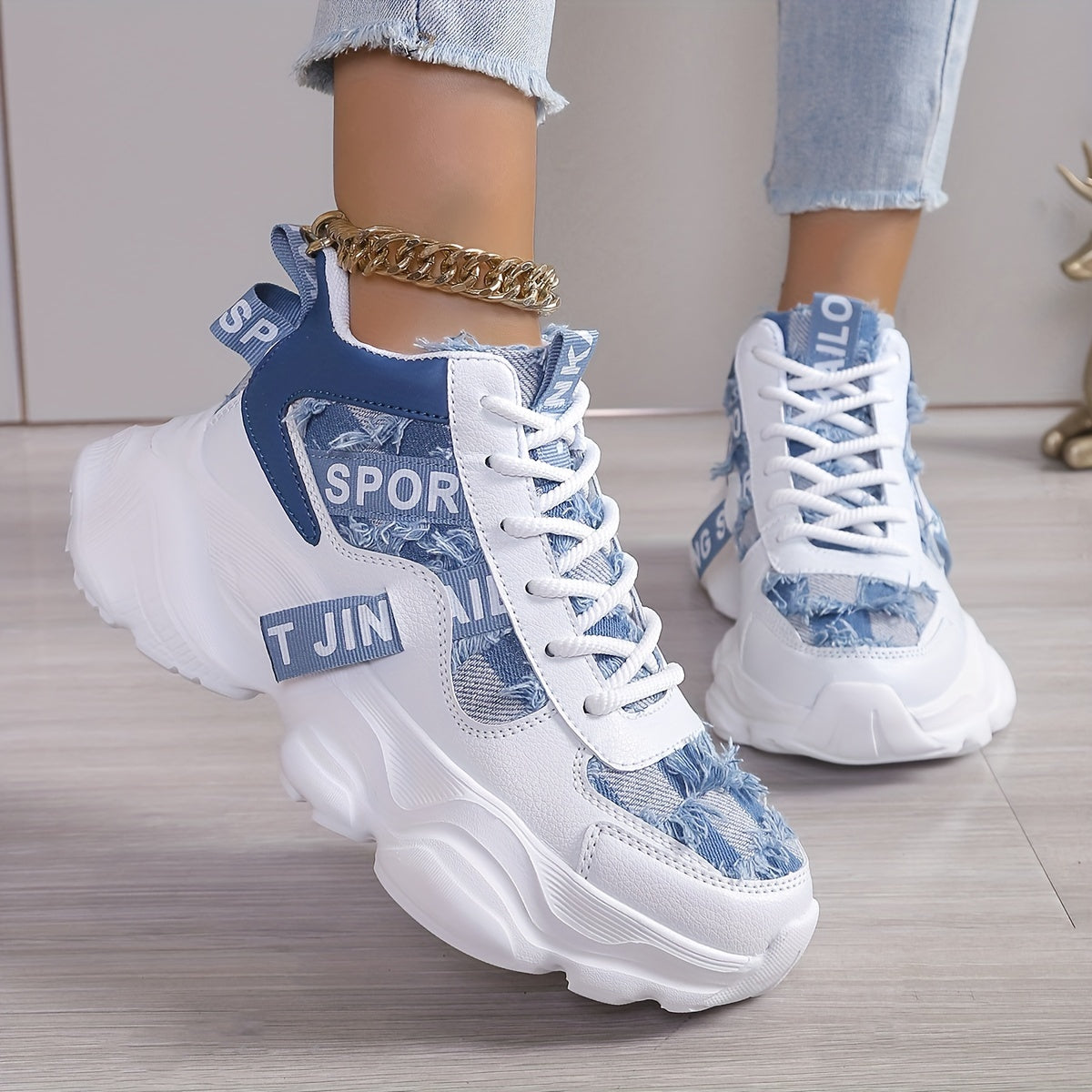 Women'S High-Top Fashion Sneakers with Plaid Pattern, Lightweight EVA Sole, Lace-Up Closure, Fabric Insole, and Tassel Embellishment - All-Season Sports Shoes with Random Printing Design, Ladies Sneakers