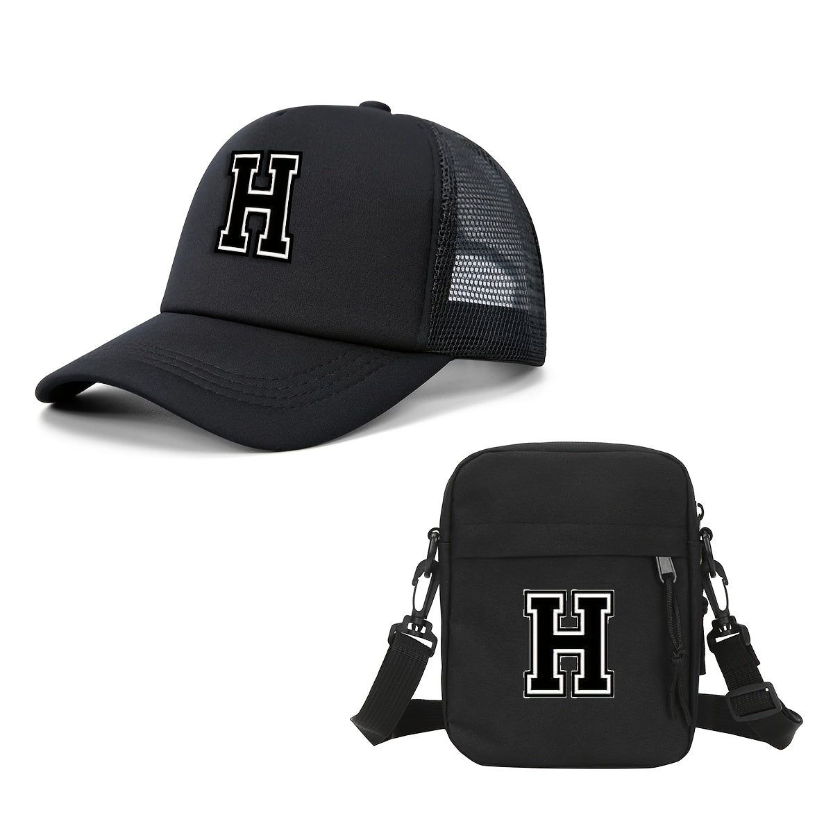2pcs Men'S And Women'S 26-Letter Printed Trucker Hat & Bag Set, Mesh Breathable Versatile Casual Sun Hat, Suitable for Holiday Vacation, Mountain Climbing, Camping, Outdoor Street And Other Scenes, Suitable As a Birthday, Hol