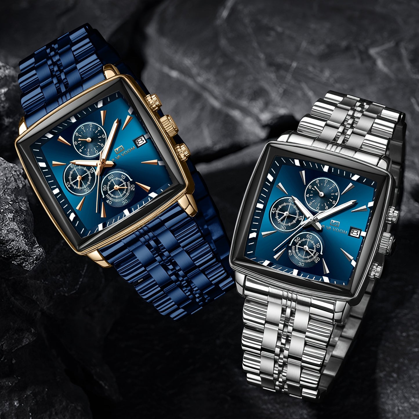 VA VA VOOM Brand New Arrival 1pc Fashionable Golden & Blue & Silveryy & Black Stainless Steel Strap, Oversized Square Dial, Multifunctional Six Needle Three Eyes, with Calendar Window, Luminous Function, High-Quality Fashiona