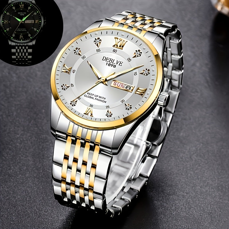 1pc Men'S Business Style Roman Dial Quartz Watch with Luminous Date and Day Display, Stainless Steel Alloy Strap, IPX7 Waterproof, Battery Operated, Elegant Fashion Accessory + Box