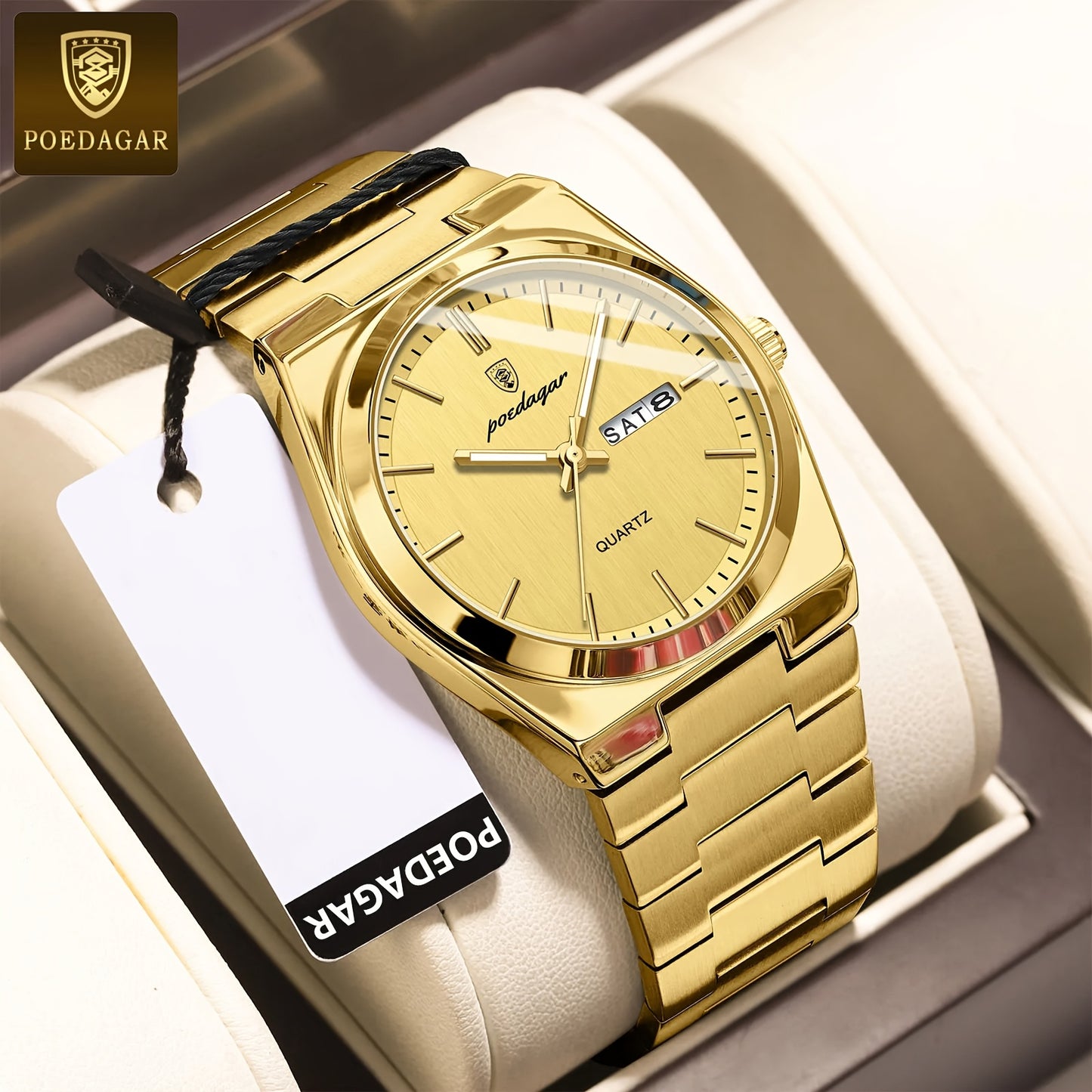 POEDAGAR Luxury Quartz Men'S Wristwatch - Luminous Date & Week Display, Stainless Steel Band, Water-Resistant (IPX8), Ideal Gift for Business Professionals