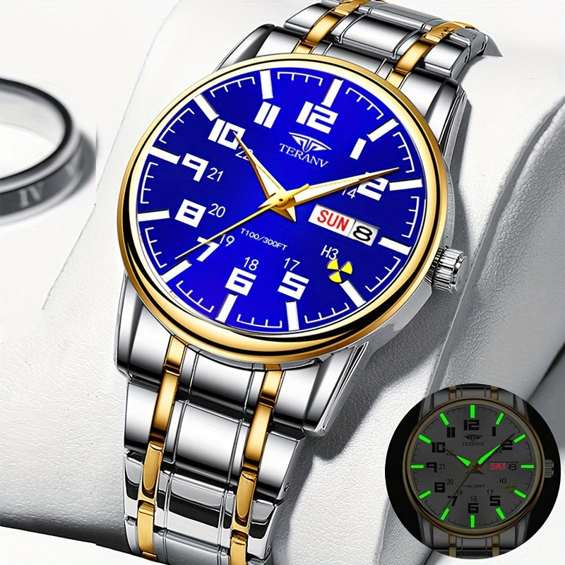 1pc New Stainless Steel with Digital Men's Watch Calendar Week Display Fashion Trend Life Travel Luminous Casual Sport Business Watch Ideal for Birthday Gifts Holiday Gifts Gifts