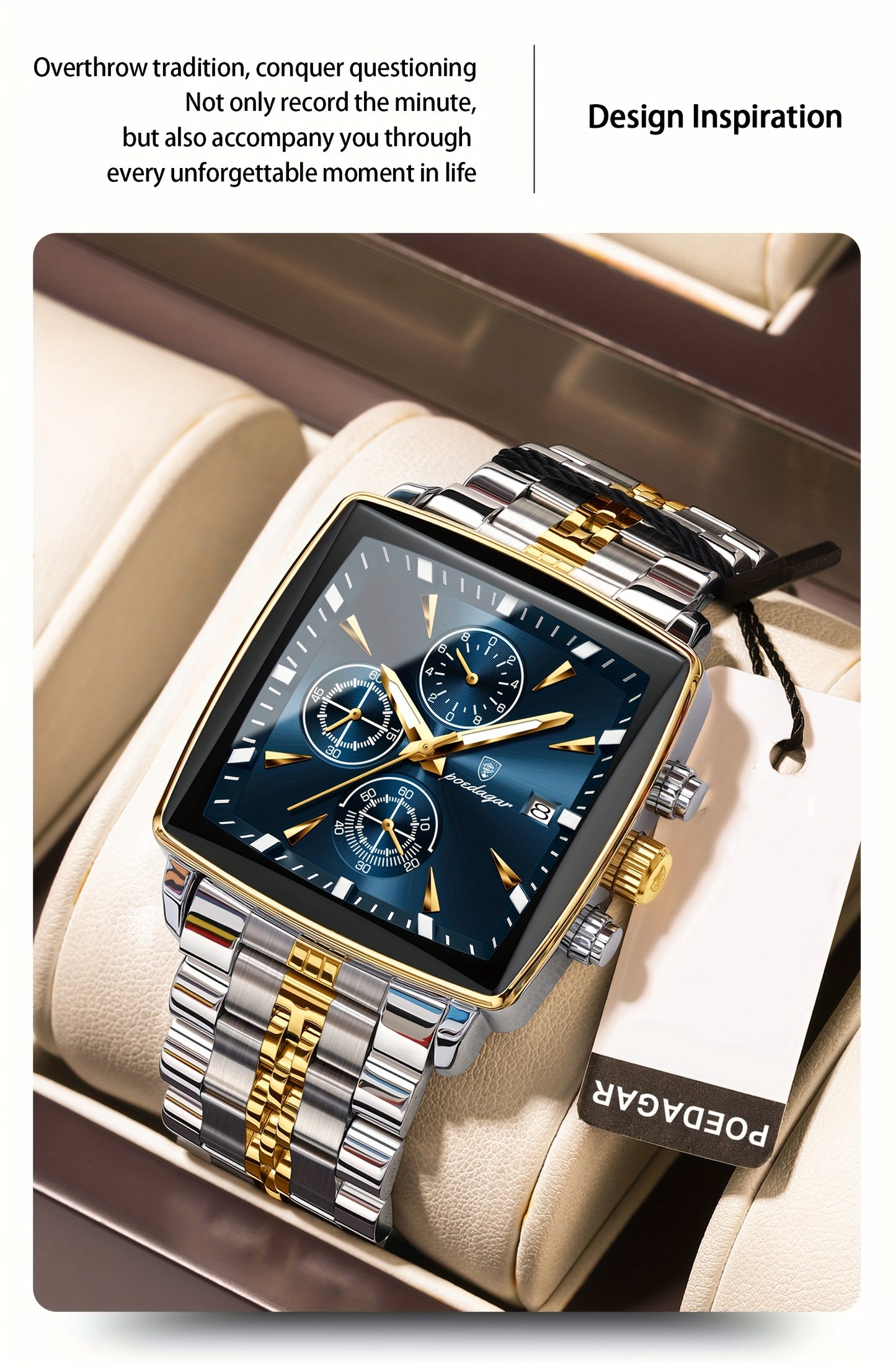 POEDAGAR Men's Stainless Steel Luminous Watch - Blue Dial Chronograph, High Quality Quartz Movement with Date Calendar, Golden-Tone Accents for Business Casual & Casual Attire, Formal Accessory, Stylish Accessory, Refined Cra