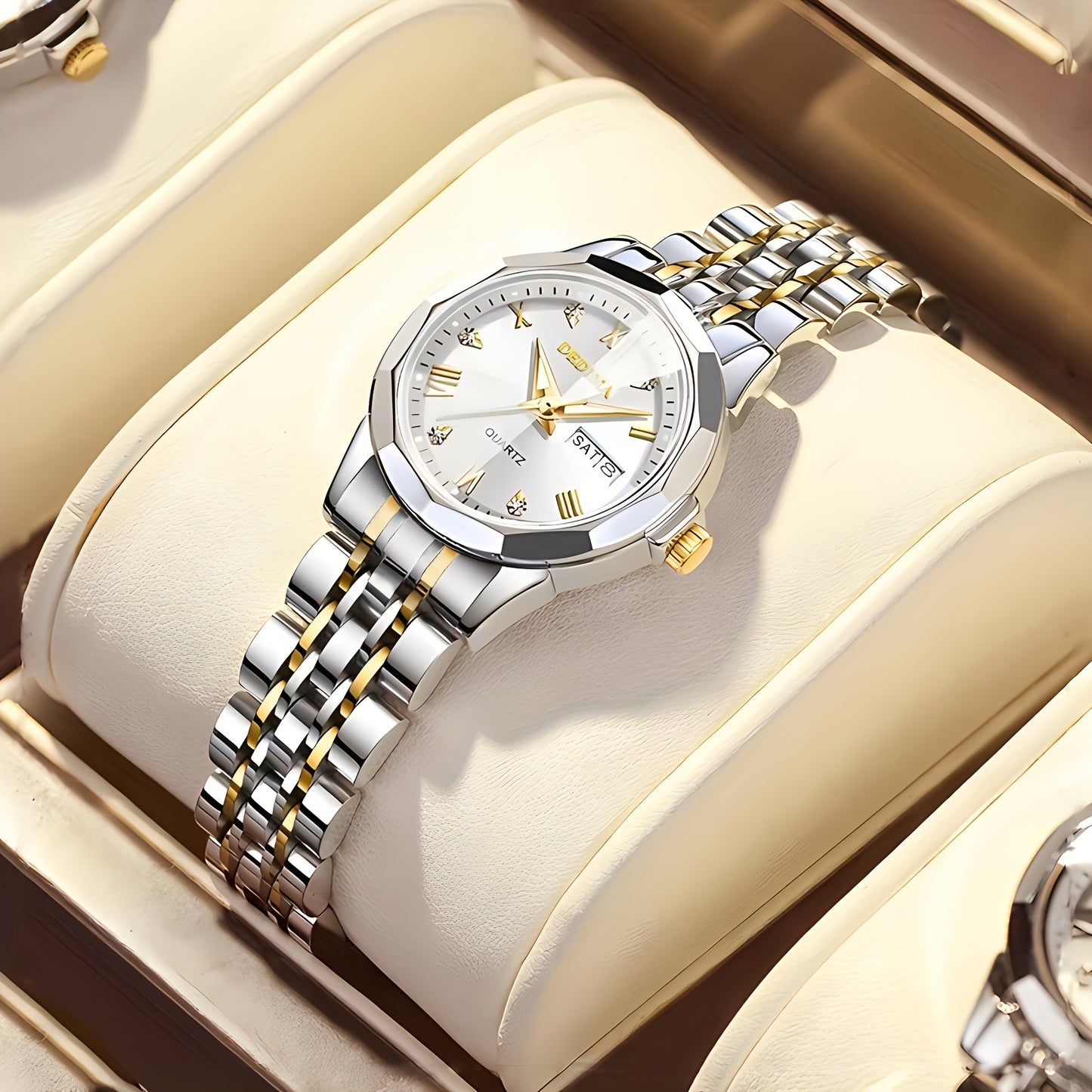 DEDIMA Women'S Luxury Stainless Steel Watch - Elegant Rhombus Design with Roman Numerals, Double Calendar, and Multifunctional Steel Strap