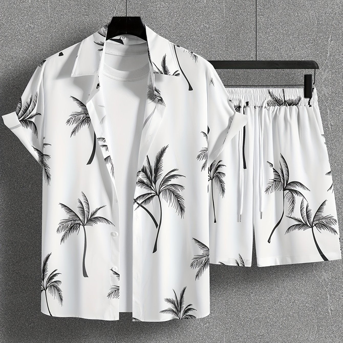 Coconut Tree Print, Men's 2Pcs Outfits, Casual Camp Collar Lapel Button Up Short Sleeve Shirts Hawaiian Shirt And Drawstring Shorts Set For Summer, Men's Clothing
