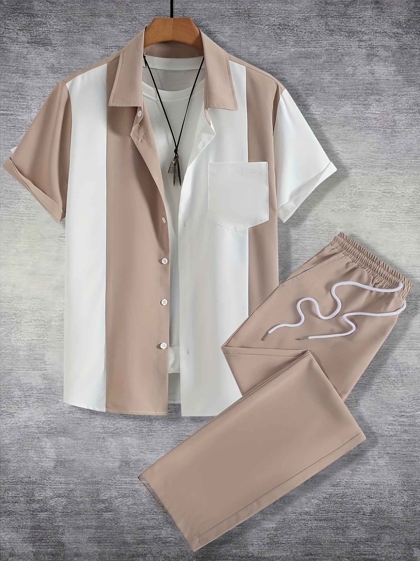Men'S Casual Two-Piece Spring/Summer Color Block Short Sleeve Shirt and Pants Set - Polyester, Regular Fit, Button-Up with Pocket, No Belt, All-Season Wear, Casual Attire|Casual Style|Polyester Fabric