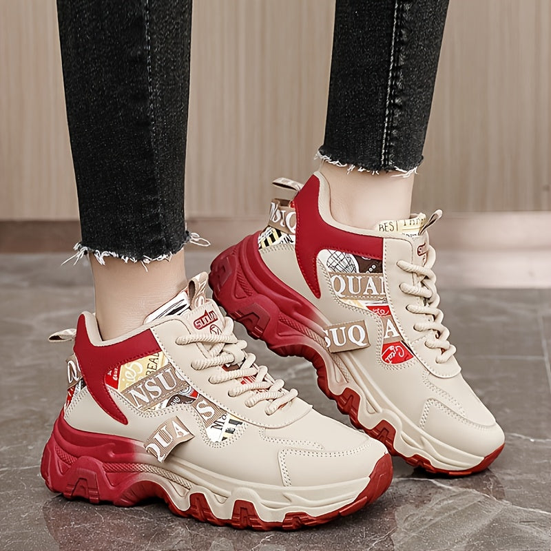Women's Breathable Lightweight Running Shoes - Trendy Color Block Design with "NO Fear Limits" Print, Casual Athletic Sneakers, Lace-Up Closure, Beige & Red Upper, Rubber Sole, All-Season Wear, Ladies Sneakers, Sporty Lifesty