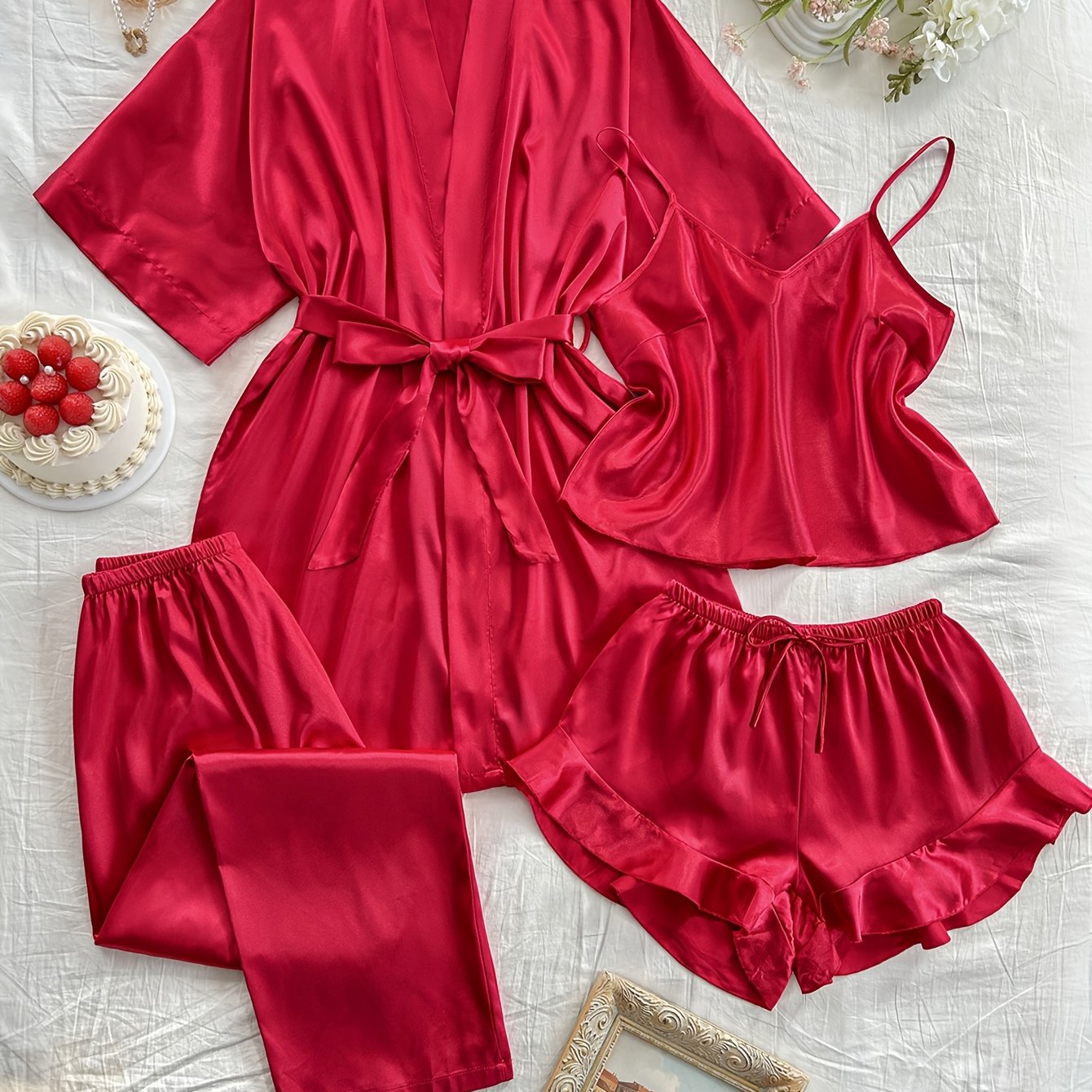 Women'S All-Season V-Neck Pajama Set - Comfortable, Sexy, Polyester 4pcs Sleepwear with Tie Waist And Drawstring Shorts, Perfect for Autumn And Winter, Autumn Winter Sleepwear | Stylish Sleepwear | Polyester Fabric
