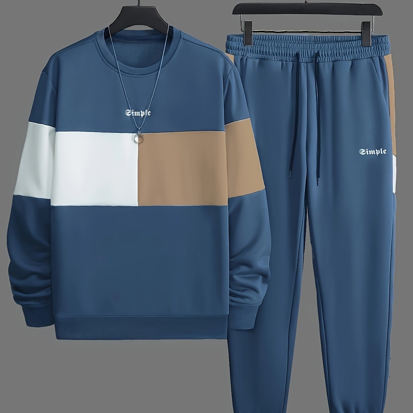 Men's Casual Crew Neck Sweatshirt & Joggers Set - Color Block, Polyester Blend, Machine Washable - Perfect for Spring/Fall, Leisure Style, Conventional Version, Spring/Autumn