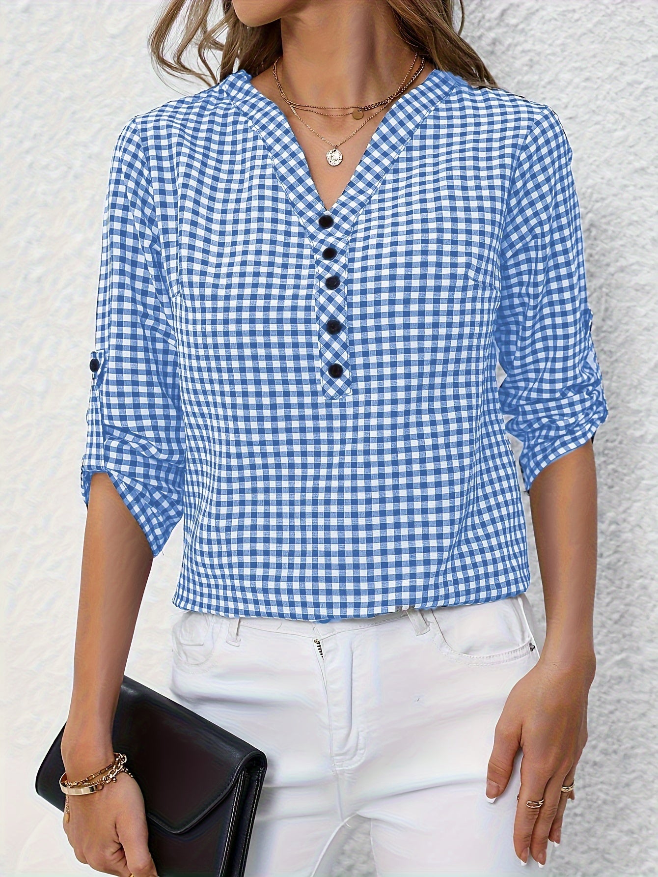 Women'S Casual Yellow & White Plaid Button-Up Shirt - Polyester, V-Neck, Long Sleeves, Casual Wear, Casual Wear|Plaid Pattern|Polyester Fabric