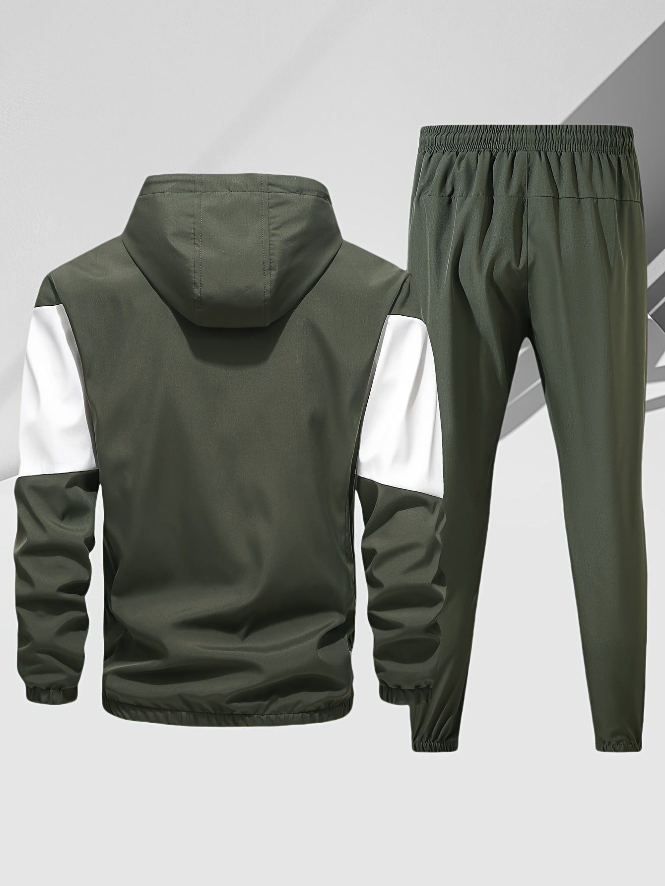 Men's Casual 2-Piece Outfit, Stylish Color Block Zip Up Hooded Jacket, Breathable Solid Color Drawstring Pants