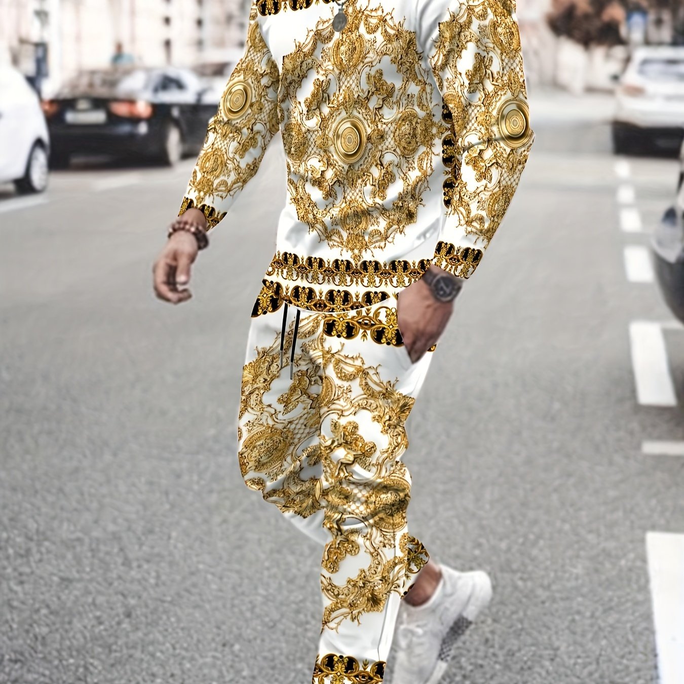 Luxury Golden Baroque Print Long Sleeve T-Shirt and Pants Set, Casual Spring/Fall Polyester Fiber, Full Print, Round Neck, Regular Fit