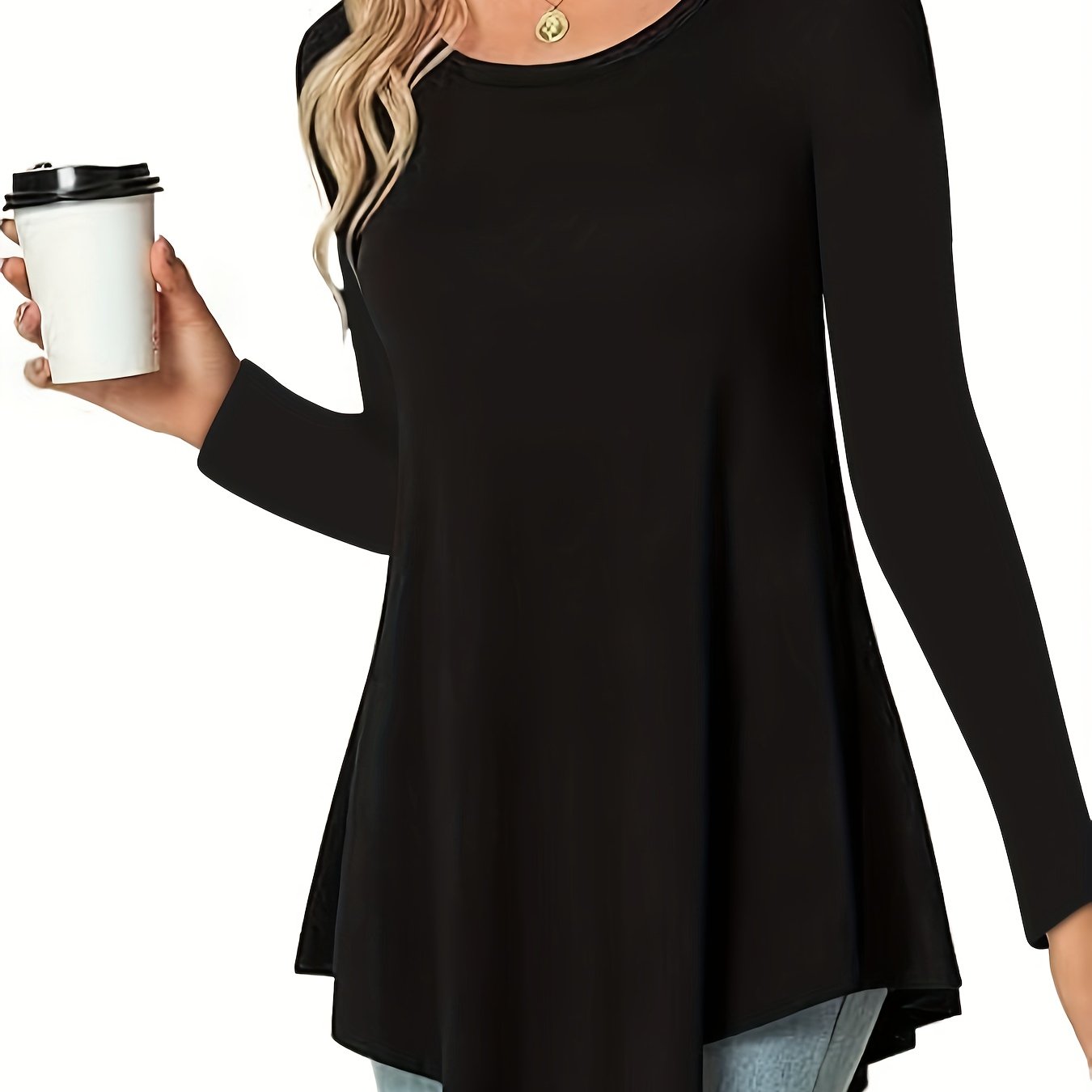 Women's Casual Long Sleeve Tunic Top, Polyester 95% Spandex 5% Knit Fabric, Solid Color Crew Neck Blouse for Spring/Summer/Fall, Spring Summer Blouse|Tunic Style|Solid Color Top