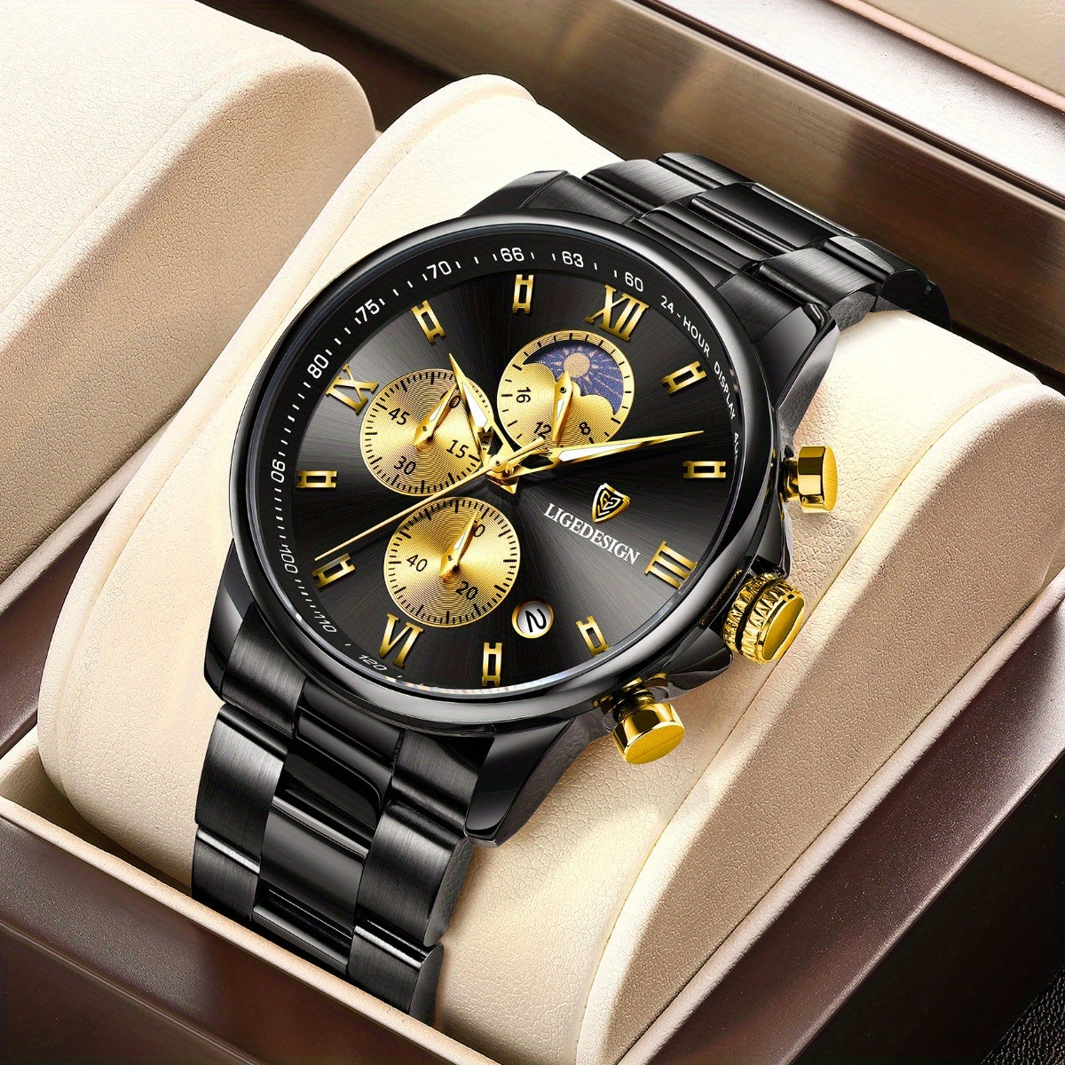 LIGE Black Blue Quartz Watch with Calendar, Exquisite & Simple Dial Stainless Steel Strap Multiple Colors High-quality Wrist Watch